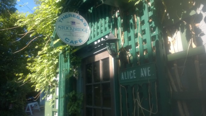 The former Alice's Restaurant, now Theresa's restaurant on Alice Avenue.  It is still "around the back, just a half a mile from the railroad track."