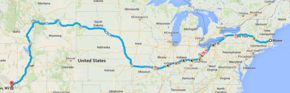 Our final route, Cambridge Ma to Henderson NV: twelve days, 3693 miles.  Fabulous!