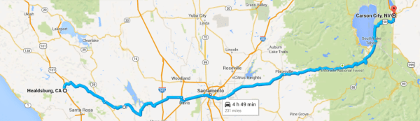 We avoid the Interstate Highway in the morning and in the afternoon on our trip from Healdsburg CA to Carson City NV.