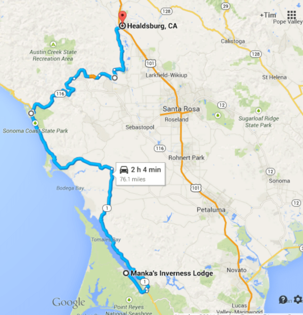 Inverness CA to Healdsburg in Sonoma County... up the coast ti the Russian River, through the redwoods and then onto a super secret country road.